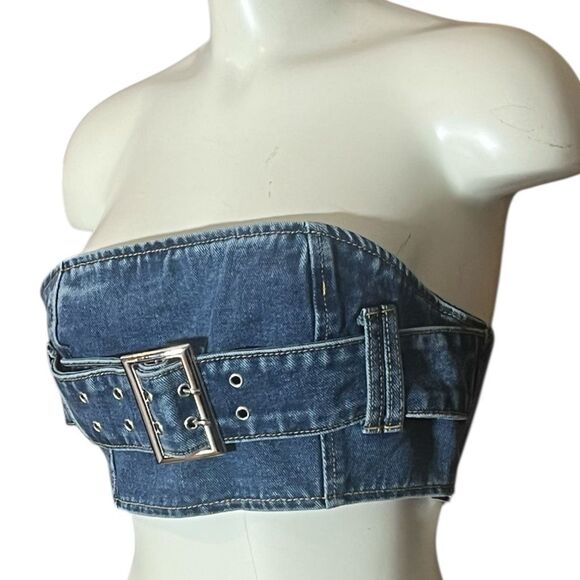 Pretty Little Thing Denim Mini Bandeau Buckle Vintage Wash Sz 6 NWT - Picture 4 of 9